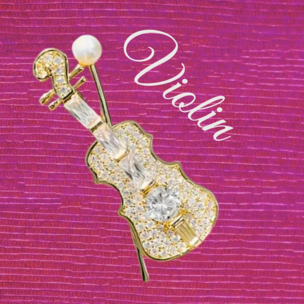 Violin Brooch - Fashionable And Exquisite  - Gold Plated and Faux Pearl - 1.8"